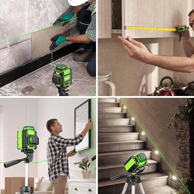 Huepar Laser Level 3 x 360 Self Leveling Laser Level Tool 3D Cross Line Leveling and Alignment Laser Tool, Li-ion Battery with USB-C Charging Port & Hard Carry Case & Tape Measure Included - HM03CGTP