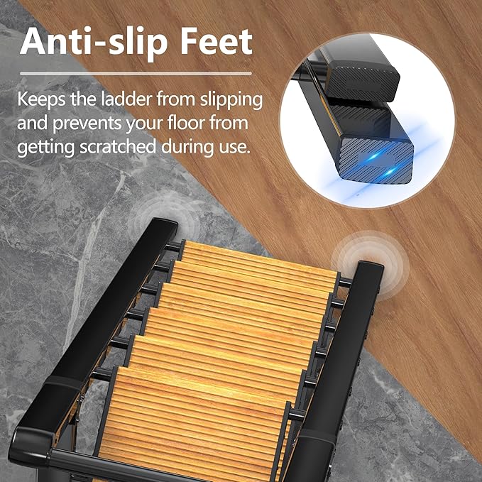 GameGem 6 Step Ladder for 12 Feet High Ceiling, Lightweight Aluminum Folding Step Stool with Convenient Handgrip, Stepladders with Anti-Slip and Wide Pedal for Home Use Space Saving - Black+Woodgrain