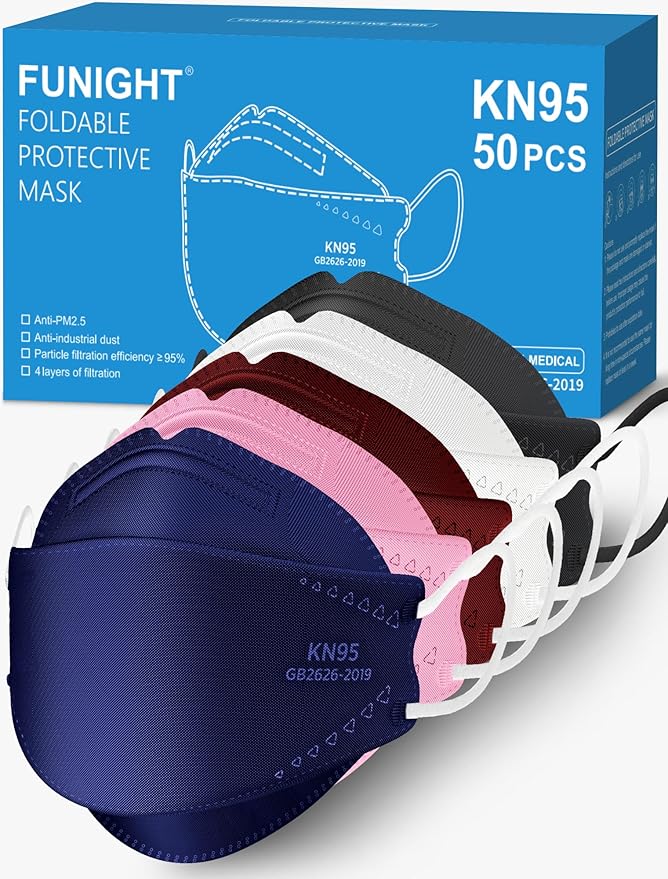 Funight KN95 Face Masks 50 Pack for Adults, Breathable and Comfortable KN95 Mask with Elastic Ear Loop, Filter Efficiency≥95%, Color