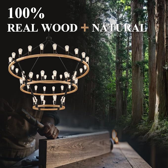 48 Lights 3 Tier Extra Large Wooden Wagon Wheel Chandelier Natural Farmhouse 63'' High Ceiling Black Rustic Round Wood Pendant Light Fixture for Living Room Foyer Villa Staircases