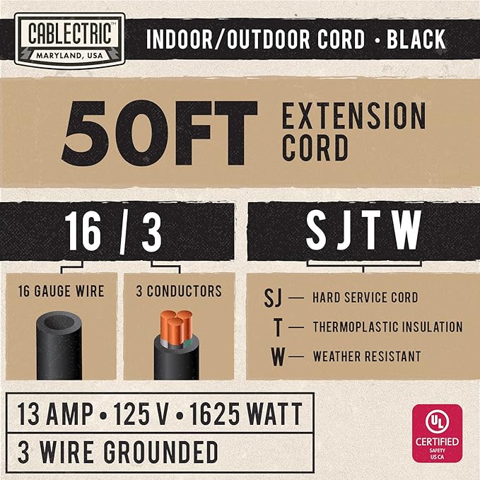 50 Foot Outdoor Extension Cord - 16/3 SJTW Black 16 Gauge Electrical Cable with 3 Prong Grounded Plug