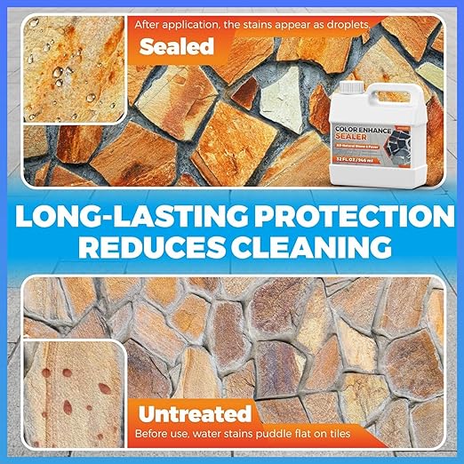 1 Gallon Wet Look Stone Sealer, High Gloss Paver Sealer for Outdoor Surfaces (Travertine, Slate, Sandstone, Concrete)– Waterproof, Provides Natural Color Enhancement for Driveways, Patios