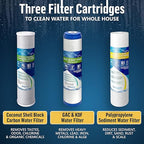 3 Stage High Capacity 20” White Whole House Water Filter System, Freestanding Steel Frame, Sediment, GAC+KDF & Carbon Cartridges, Presser Relief Button, 1” Brass Port, Pressure Gauges, Double O-Ring