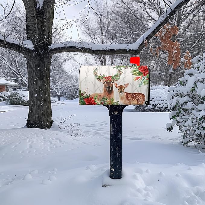 Xmas Deer Mailbox Covers Magnetic Standard Size Winter Floral Mailbox Wraps 21x18 Inch Christmas Deer Post Box Cover Outside Decorations for Garden Yard