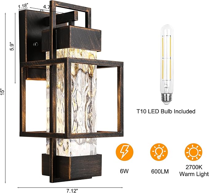 PARTPHONER Modern Outdoor Light Fixtures Dusk to Dawn Outdoor Lighting 2 Pack, 15" Exterior Wall Sconce Waterproof Outside Porch Light for House with Water Glass Black Brushed Gold