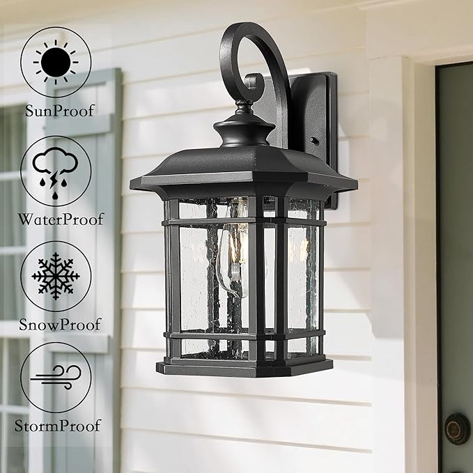 Exterior Wall Sconce, Outdoor Waterproof Wall Mount Light Fixture, E26 Socket Anti-Rust Matte Black Finish Outdoor Lighting Fixture,Outside Lantern Lamp with Seeded Glass (Black, 15.96 Inch Height)