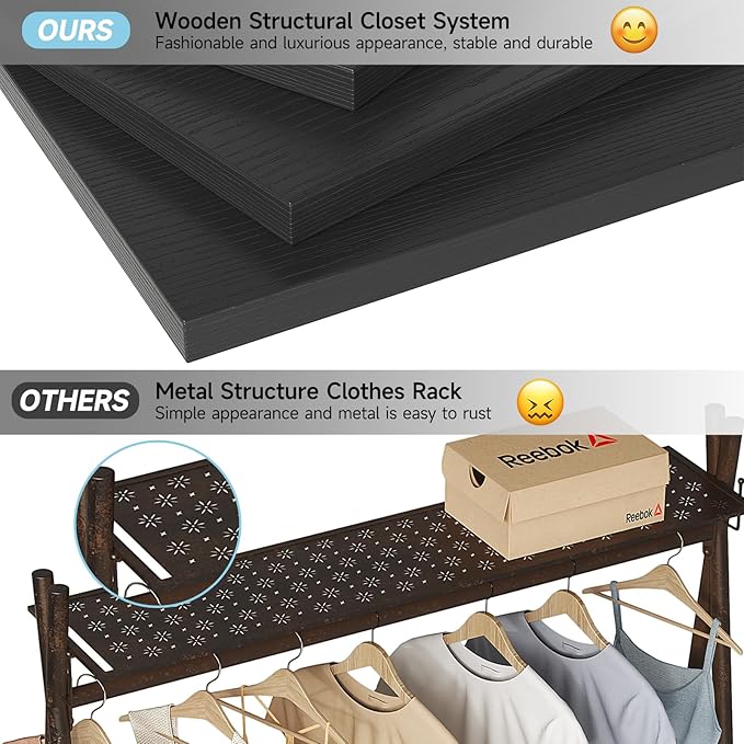 8FT Closet System, 96'' Closet Organizer System with 3 Hanging Rods, Wall Mount Bedroom Wardrobe with 3 Drawers Walk-in Closet, Adjustable Cloth Garment Rack from 5 to 8FT (Cut to Fit), Black