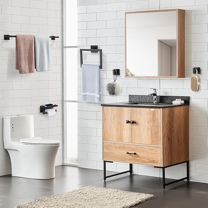 TQKAG 5-Pieces Matte Black Bathroom Hardware Accessories Set 23.6" SUS304 Stainless Steel Towel Bar Set Wall Mounted Square Toilet Paper Holder with Shelf