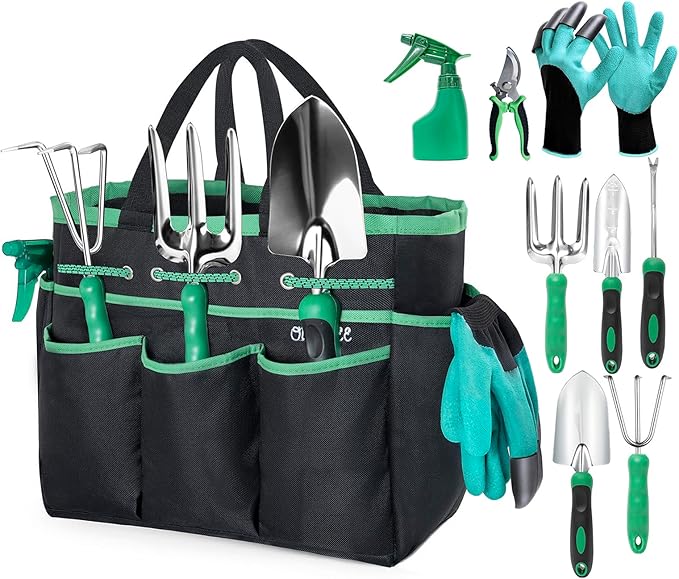 Garden Tool Set with Bag and Gloves, Heavy Duty Stainless Steel Gardening Tool Set, Ideal Gardening for Women and Men, Set of 9