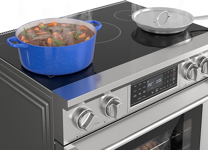 KoolMore 36 in. Professional Induction Oven Range with 11 Kw, Polished Glass Ceramic Cooktop, 7.8 Kw True Convection Oven, 6 Cu. Ft. Capacity, 240 Volts, CSA Certified in Stainless-Steel