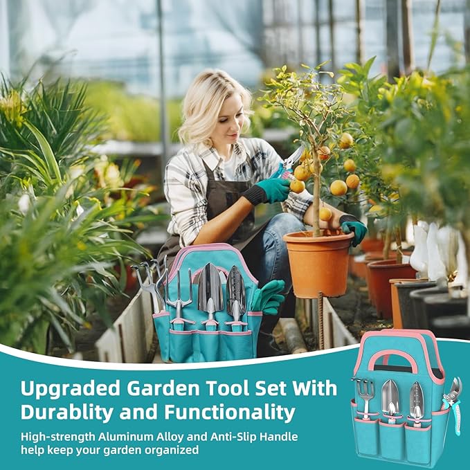 MelonArt Garden Tool Set,8 Pcs Gardening Hand Tool Starter Kit for Women Heavy Duty Outdoor Tool Kit Aluminum Alloy with Non Slip Ergonomic Handle, Ideal Gifts for Women and Men, Green&Pink