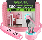 GEARit 360 Rotating Flat Plug Extension Cord with 3 Outlets (25ft, Pink) 16AWG/13A 3 Prong Wire, Outlet Saver for Home Office Dorm Room Essentials, ETL Certified