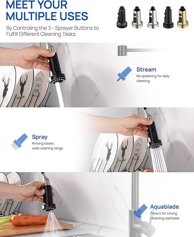 J-HVA Pull Down Kitchen Faucet Sprayer Head Replacement Part with Adapters, 3 Function Pull Out Sink Sprayer Replacement Nozzle, Kitchen Faucet Head Hose Spray Tap Spout, Oil Rubbed Bronze