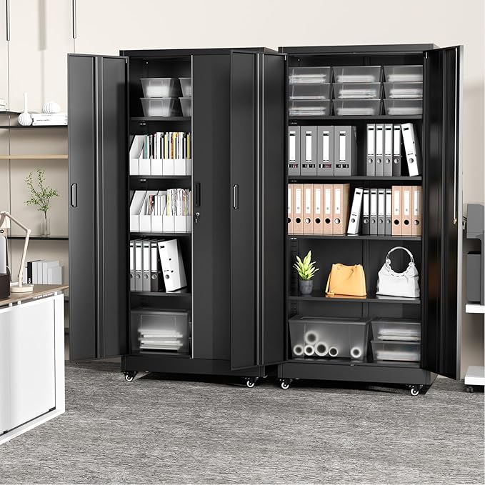 Greenvelly Metal Garage Storage Cabinet with Wheels, Black 73" Rolling Metal Cabinet with Locking Doors and Adjustable Shelves, Tool Organization with Wheels for Home,Kitchen,Office