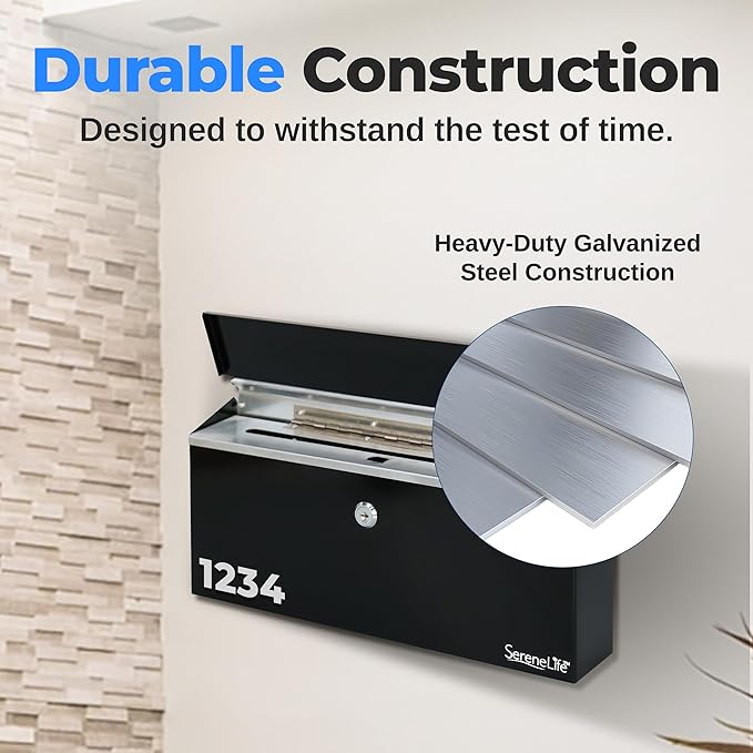 SereneLife Outdoor Wall Mailbox & Newspaper Holder | 0.24 FT Cubic Mailbox | Easy Installation, Secure Lock Mechanism | Ideal for Residential or Commercial Use | Wall Mountable | 15x3x11 in | Black