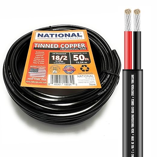 National Wire&Cable - 18/2 Tinned Copper Professional Wire (50 Feet) 18 AWG Gauge Stranded PVC Cord - 2 Conductor Electrical Wire - Made in USA - CL Rated/ETL Listed - LED Light, Low Voltage Cable