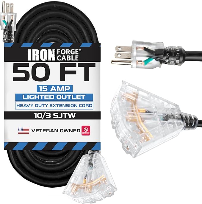 Iron Forge Cable 10 Gauge Extension Cord 50 ft with 3 Outlets, SJTW 10/3 Heavy Duty Outdoor Extension Cord with Multiple Outlets, 3 Way Black Electrical Wire for Major Appliance & Air Conditioner