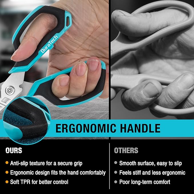 DURATECH 6.5-Inch Compact Electrician Scissors, 4-in-1 Multipurpose Scissors with TPR Comfort Grip, Serrated Blades for Cutting Copper Wire, Carpet, Leather, and Fabric