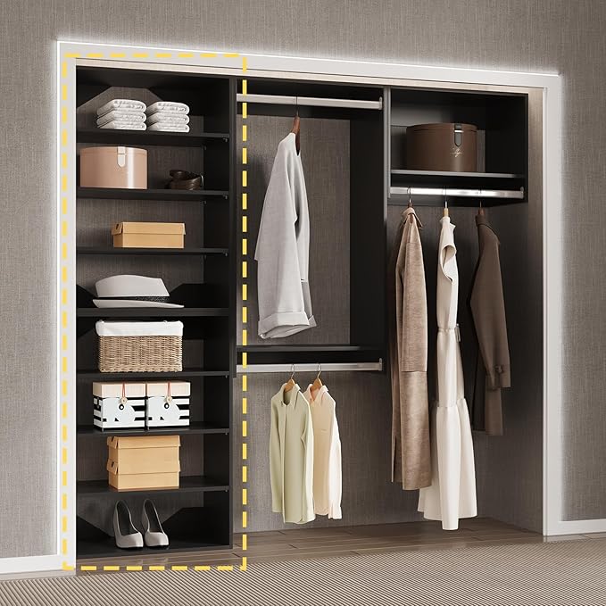 Short Tower Closet Unit, Modular Closet System, Wood Closet System Organizer with Storage for Walk In Closets, Clothing Rack Wardrobe for Hanging Clothes, Bedroom, Black, 19.5"W