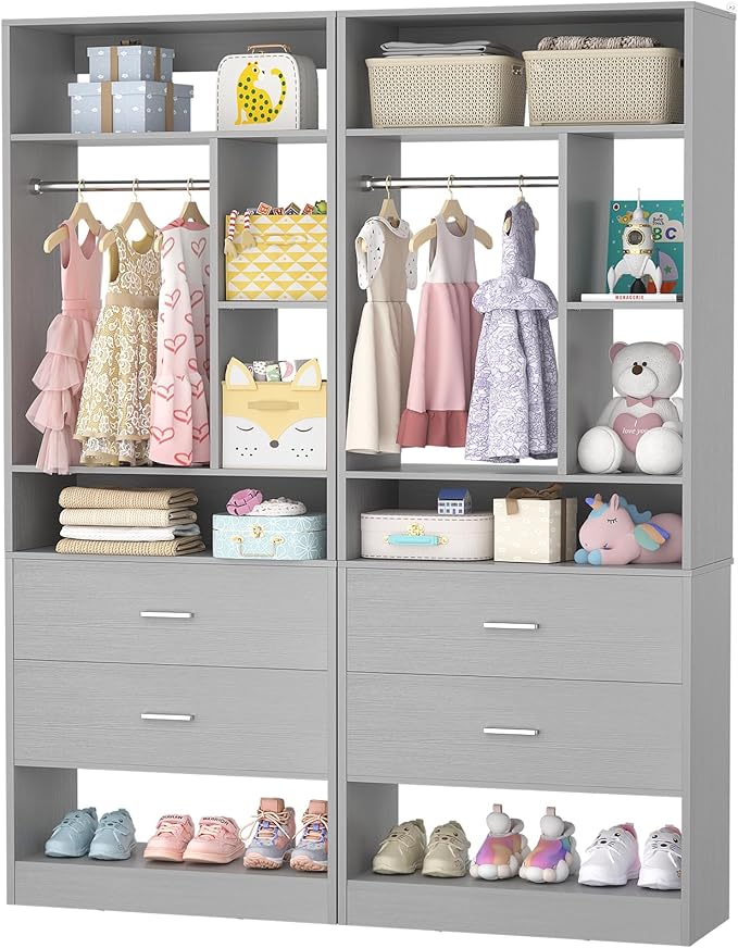 4FT Closet System with 4 Wood Drawers, 48" Closet Organizer System with 10+ Small Shelves & 2 Hanging Rods, Walk-in/Nursery Closet Systems, Set of 2, Grey (48" L x 15" W x 80" H)