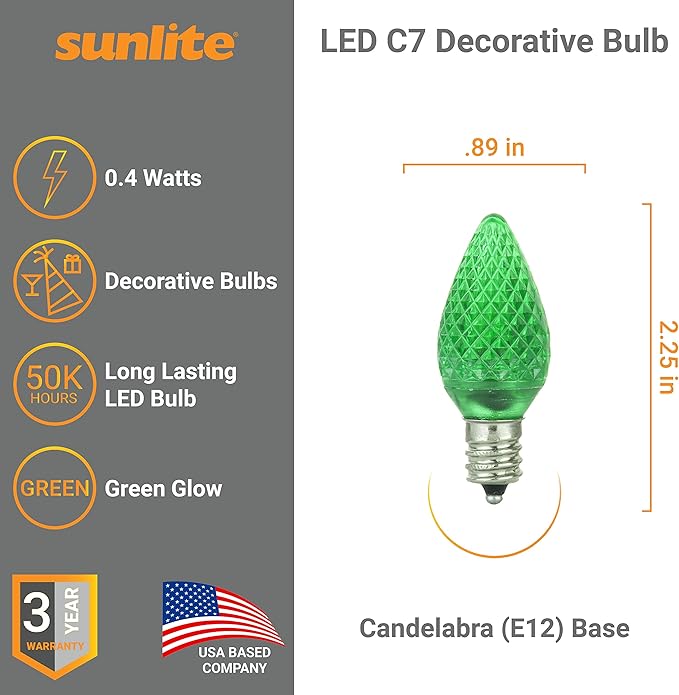Sunlite 40459 LED C7 Holiday Decorative Light Bulb, 0.4 Watts, E12 Candelabra Base, Faceted Christmas-Lights; Nightlight, Green 24 Count