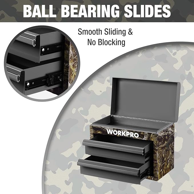 WORKPRO Metal Mini Tool Box, Top Tool Chest containing Two Drawers with Ball Bearing Slides, PVC Drawer Liners and PP Feet Pads, Durable Cold Rolled Steel Small Toolbox for Multi-Purpose Storage