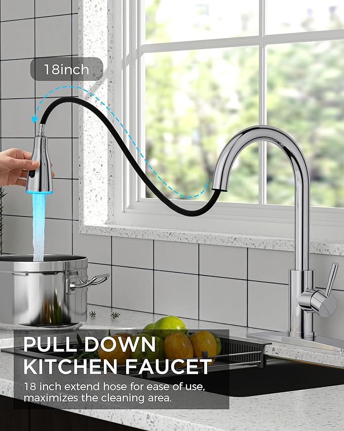 FORIOUS LED Kitchen Faucet with Pull Down Sprayer, Chrome Single Handle Stainless Steel Traditional Sink Faucets with LED Light Sprayer Head, Suitable for Farmhouse Laundry Camper Rv Bar