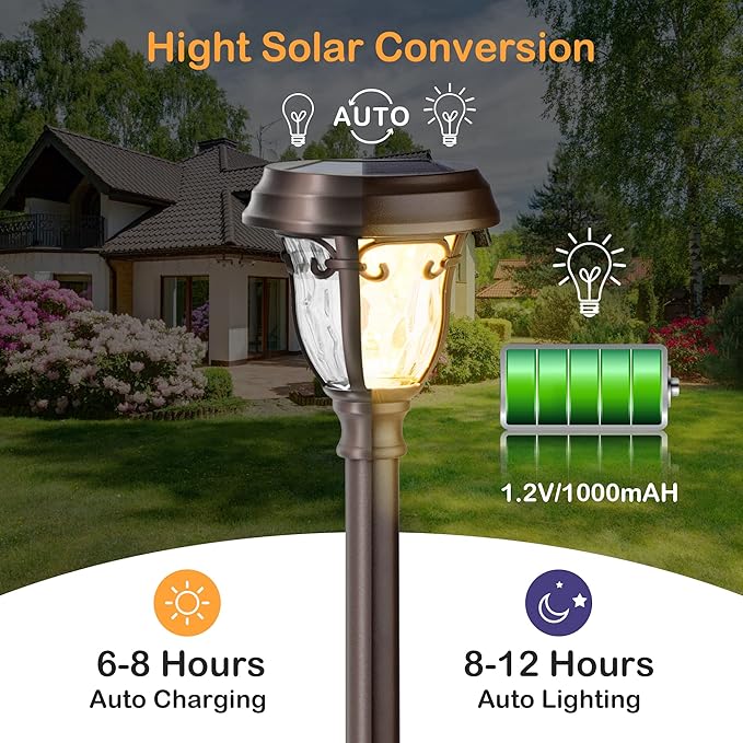 LeiDrail Solar Lights Outdoor Pathway, 6 Pack LED Glass Metal Solar Garden Lights with 2 Modes, Garden Decor for Yard Patio Landscape Walkway