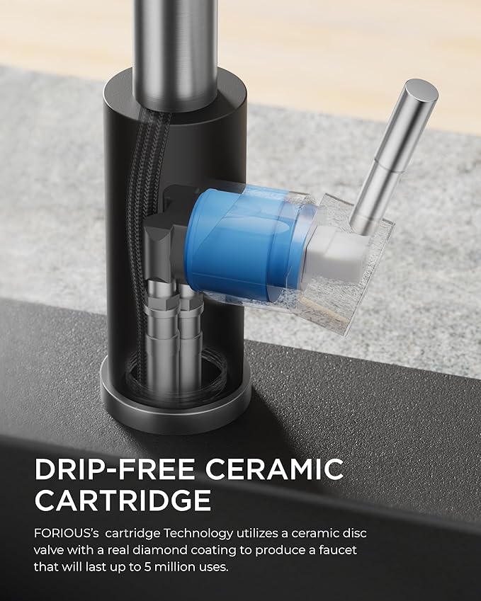 FORIOUS Kitchen Faucet with Pull Down Sprayer, Stainless Steel Commercial Single Handle Classic Spring Pull Out Sink Faucet for Pot Filler, Farmhouse Camper Bar Laundry Room, Black Brushed