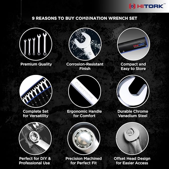 Hitork 24-Piece Combination Wrench Set, SAE (1/4"–1") & Metric (8–24mm), Cr-V Steel, Mirror Chrome Finish, 12-Point Box End, 15° Offset, with Roll Pouch – Ideal for Home, Garage & Auto Repair