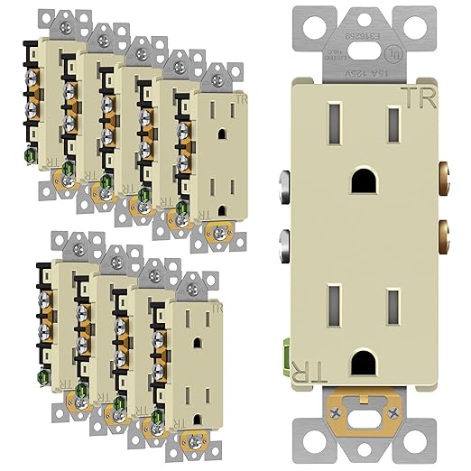 ENERLITES Decorator Receptacle Outlet, Tamper-Resistant, Gloss Finish, Residential Grade, 3-Wire, Self-Grounding, 2-Pole, 15A 125V, UL Listed, 61501-TR-I-10PCS, Ivory (10 Pack)