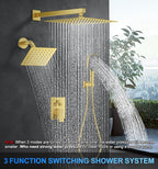 Shower Faucet Set, 12" Wall Mount Rainfall Shower System with 2 Rain Shower Head and Multi-function Handheld Head Push Button Diverter Shower Faucet Trim Kit, Brushed Gold