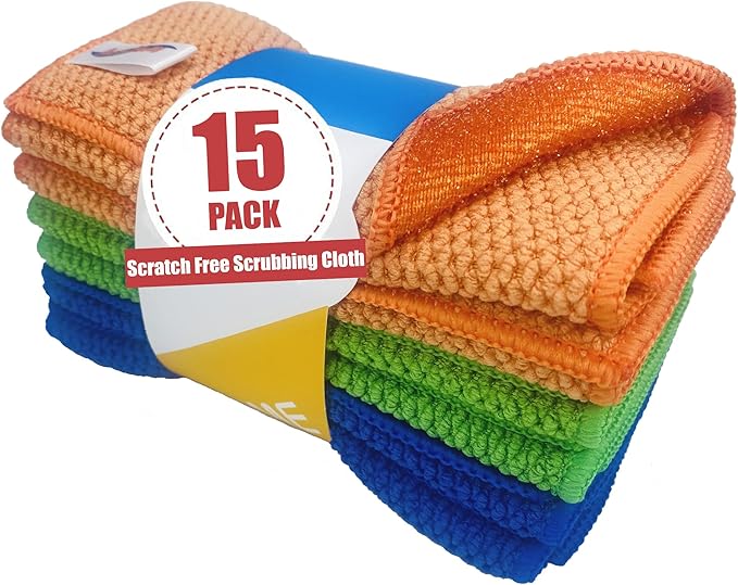 15 Pack Microfiber Scrub Dish Cleaning Cloth, Non-Scratch, Reusable & Durable for Pan Pot Dish Cooktop Stovetop Counter Kitchen Household, Machine Washable, 6 x 6 Inch, Orange, Blue & Green Assorted