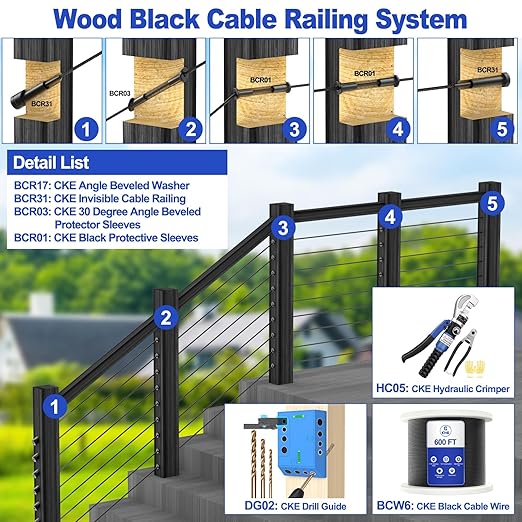 CKE 20 Pack Black Invisible Cable Railing Kits, 3/16" Black Stainless Steel Invisible Receiver and Swage Tensioner Stud End for 2x2 4x4 Wood Metal Post Deck Stairs, Cable Railing Hardware, BCR31