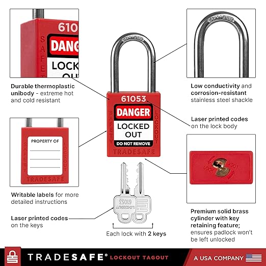 TRADESAFE Lockout Tagout Locks Set - 7 Red Loto Locks, Lockout Locks Keyed Different, 2 Keys Per Lock, OSHA Compliant Lock Out Tag Out Padlocks, Safety Padlocks for Electrical Lockout Tag Out Kits