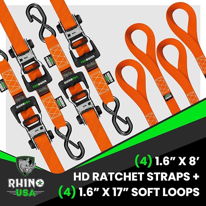 Rhino USA Ratchet Straps Heavy Duty Kit (4-Pack) - 1.6 Inch x 8 Feet (5,208lb Break Strength) - Ultimate Tie Down Straps with Safety S Hooks for Trucks, ATV, UTV, Motorcycle, Cargo & More - Orange