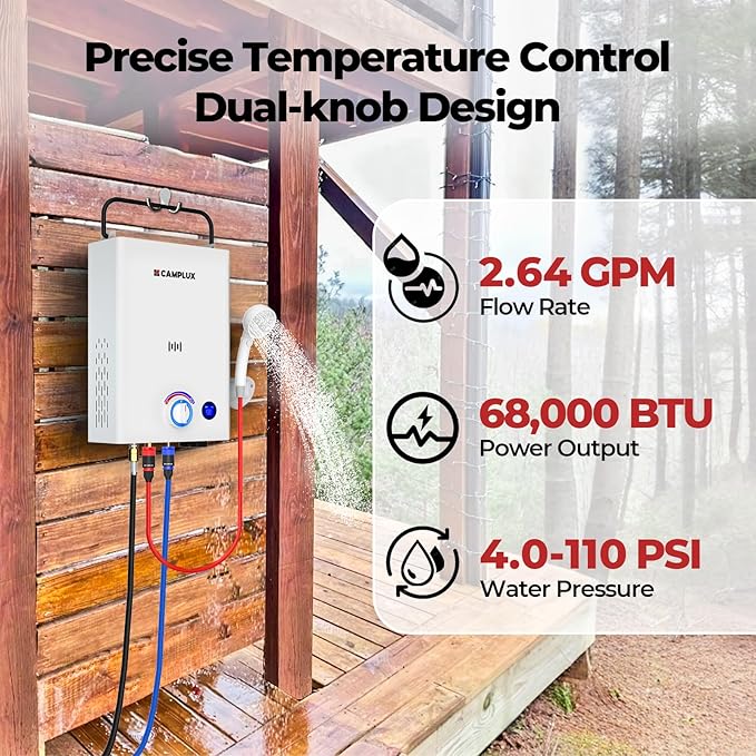 CAMPLUX First F10 Tankless Water Heater with 3-Level Adjustable & Foldable Handle, 2.64GPM, Screw-Free Design, 68,000 BTU Outdoor Portable Propane Water Heater for Camping, LED Digital Display, White