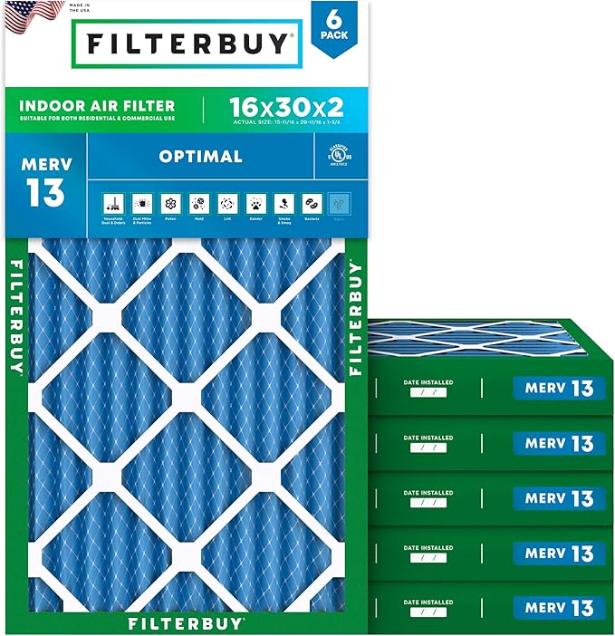 Filterbuy 16x30x2 Air Filter MERV 13 (MPR 1900) Health Defense Replacement (6-Pack), Electrostatic Pleated HVAC AC Furnace Filters, Made in USA (Actual Size: 15.69 x 29.69 x 1.75)