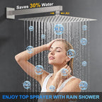 Shower Faucet Set, 12" Wall Mount Rainfall Shower System with 2 Rain Shower Head and Multi-function Handheld Head Push Button Diverter Shower Faucet Trim Kit, Brushed Nickel