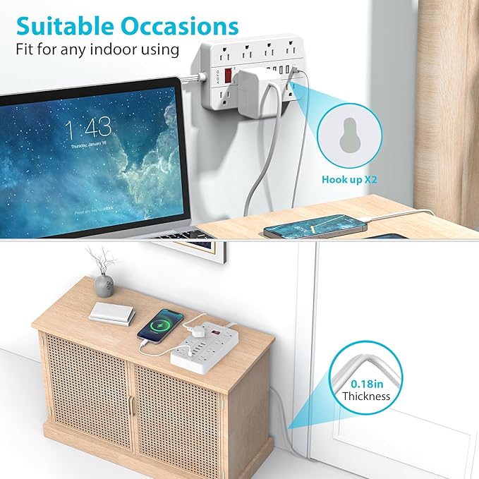 10ft Extension Cord Long Power Strip,AOFO 8 Widely-Spaced Outlets & 6 USB Ports Flat Plug Power Strip,Power Cord for Wall Mountable and Desktop White