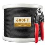 600FT 1/8" T316 Black Stainless Steel Cable, Black Wire Rope Aircraft Cable for Deck Cable Railing Kit, DIY Balustrades, 7x7 Strands Construction, Comes with a Cutter
