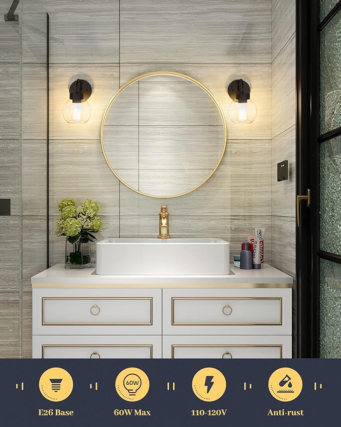 EAPUDUN 1-Light Matte Black Bathroom Light Fixtures Over Mirror, Vanity Lights with 1 Globe Clear Glass Shades, Industrial Style Wall Sconces, WLA1433-MBK