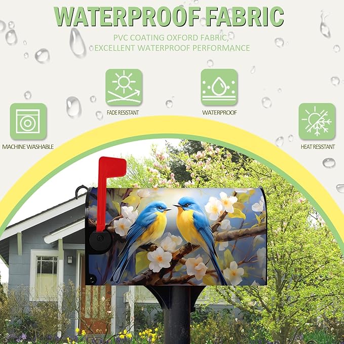 Summer Bird Floral Mailbox Covers Magnetic Spring Bluebirds Flower Mailbox Cover Standard Size 21x18 Inch Mailbox Wraps Outdoor Decoration Post Letter Box Cover for Garden Yard