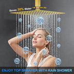 Shower Faucet Set, 10" Ceiling Mount Rainfall Shower System with 2 Rain Shower Head and Multi-function Handheld Head Push Button Diverter Shower Faucet Trim Kit Brushed Gold