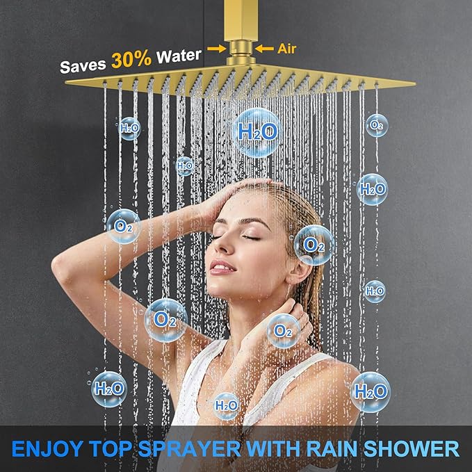 Shower Faucet Set, 10" Ceiling Mount Rainfall Shower System with 2 Rain Shower Head and Multi-function Handheld Head Push Button Diverter Shower Faucet Trim Kit Brushed Gold