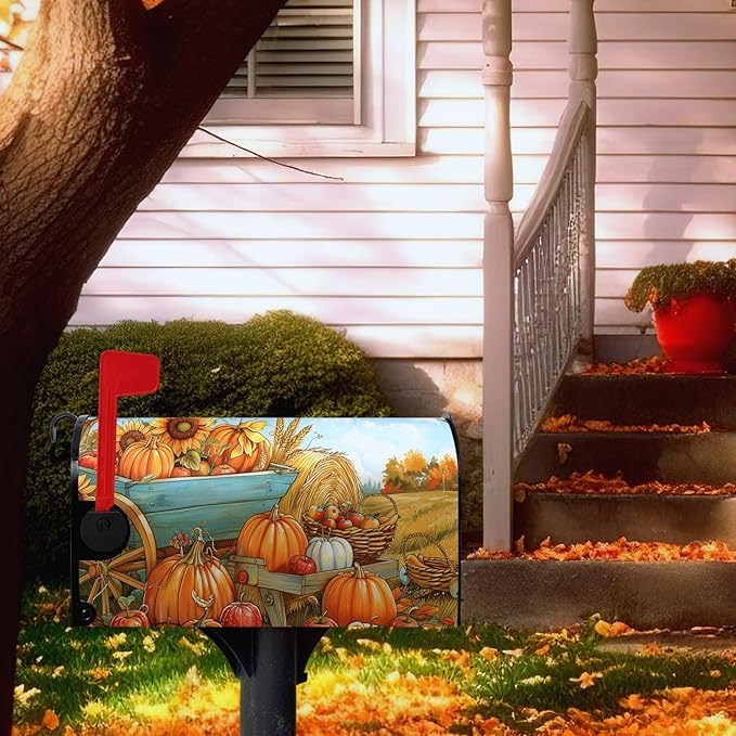Fall Pumpkins Mailbox Covers Magnetic Standard Size 21 X 18 Inch Autumn Harvest Sunflower Mailbox Wraps Cover Farmhouse Seasonal Letterbox Covers for Garden Yard Outdoor Decor