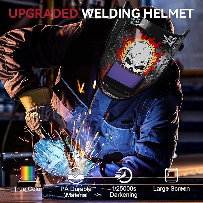 ARCCAPTAIN Auto Darkening Welding Helmet, 3.94"X3.66" Large Viewing Screen True Color Welding Hood with 4 Arc Sensor Solar Powered, Wide Shade 4-5/5-9/9-13 Welding Mask (Skeleton Rider)