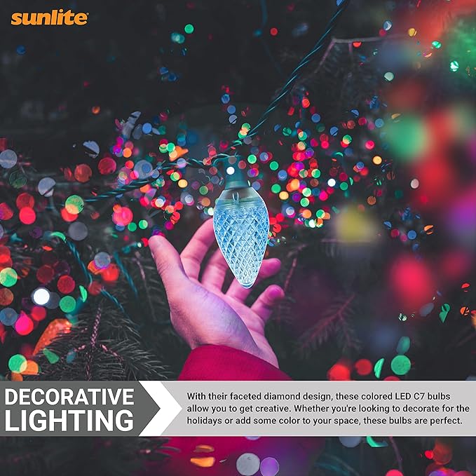 Sunlite 40458 LED C7 Holiday Decorative Light Bulb, 0.4 Watts, E12 Candelabra Base, Faceted Christmas-Lights; Nightlight, Blue 24 Count
