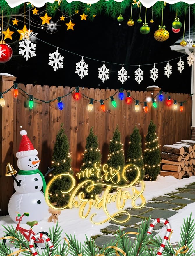 25 Pack C9 Christmas Replacement Bulbs, 7W Ceramic Multicolor Incandescent Night Light Bulbs for Outdoor String Lights, Multicolor Christmas Bulbs for Porch, Patio, Garden, Holiday Decor, E17 Base