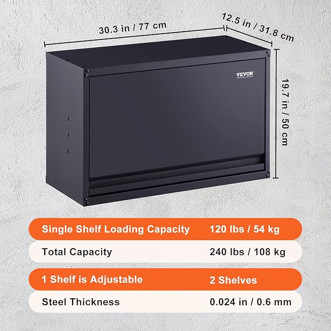 VEVOR Metal Storage Cabinet, 120lbs Load Capacity per Shelf, 20'' Tall Wall-Mounted Powder-Coating Steel Garage Cabinet with Adjustable Shelf, Press to Close & Open Door Perfect for Office Garage Tool